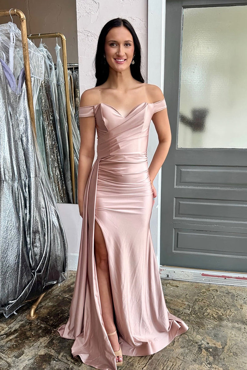 Load image into Gallery viewer, Blush Mermaid Off the Shoulder Ruched Maxi Prom Dress with Side Cape