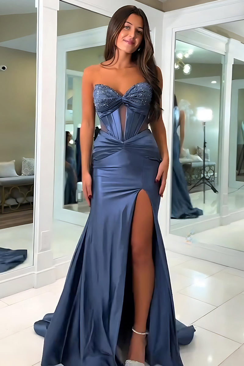 Load image into Gallery viewer, Sparkly Dark Green Strapless Mermaid Corset Maxi Prom Dress with Slit