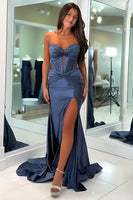 Load image into Gallery viewer, Sparkly Dark Green Strapless Mermaid Corset Maxi Prom Dress with Slit