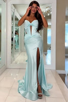 Load image into Gallery viewer, Sparkly Dark Green Strapless Mermaid Corset Maxi Prom Dress with Slit