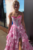 Load image into Gallery viewer, Pink Flower Ruffled Sweetheart A Line Maxi Corset Prom Dress with Slit