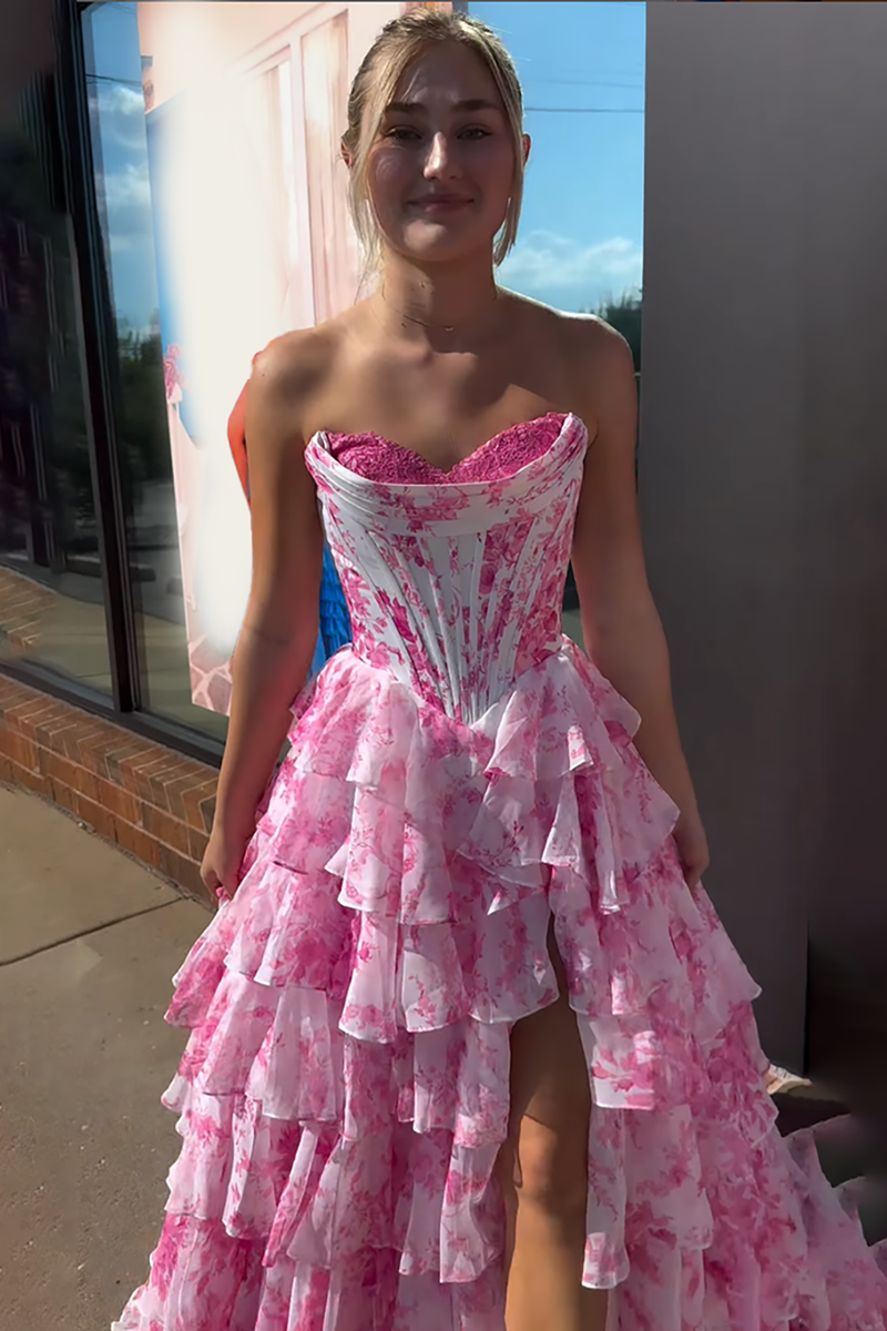 Load image into Gallery viewer, Pink Flower Ruffled Sweetheart A Line Maxi Corset Prom Dress with Slit