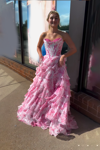 Pink Flower Ruffled Sweetheart A Line Maxi Corset Prom Dress with Slit