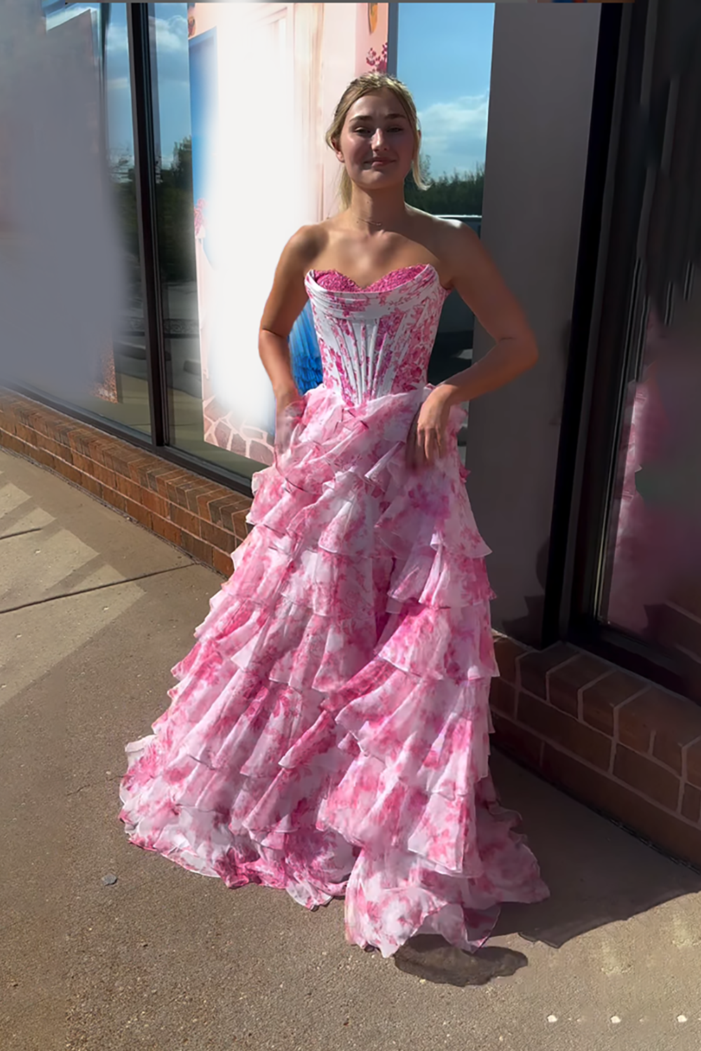 Pink Flower Ruffled Sweetheart A Line Maxi Corset Prom Dress with Slit