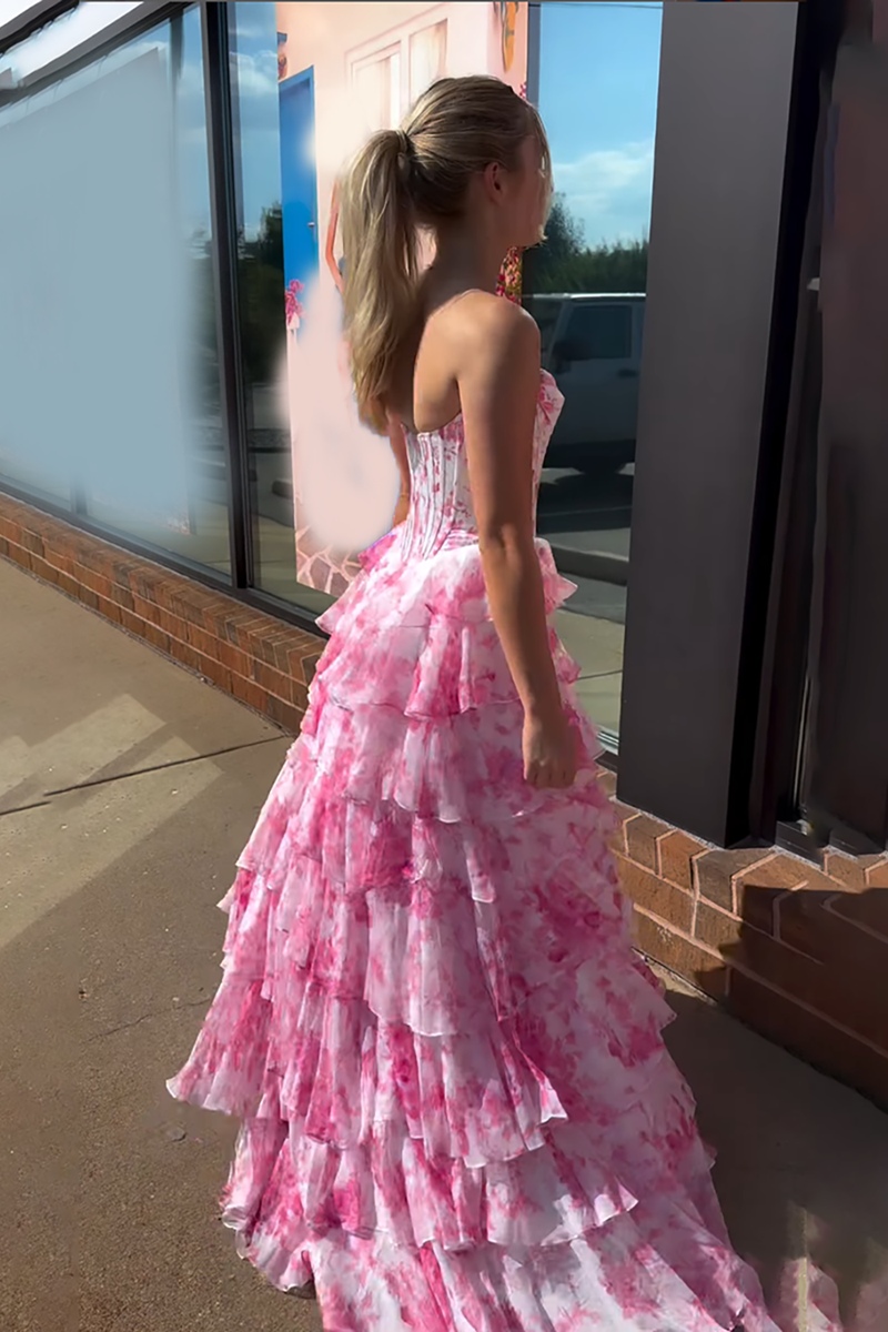 Load image into Gallery viewer, Pink Flower Ruffled Sweetheart A Line Maxi Corset Prom Dress with Slit