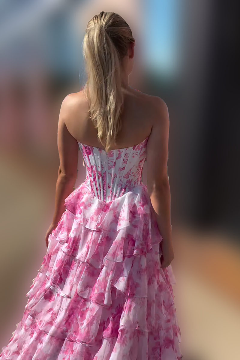 Load image into Gallery viewer, Pink Flower Ruffled Sweetheart A Line Maxi Corset Prom Dress with Slit