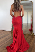 Load image into Gallery viewer, Sparkly Red Beaded Halter Mermaid Long Backless Prom Dress with Slit