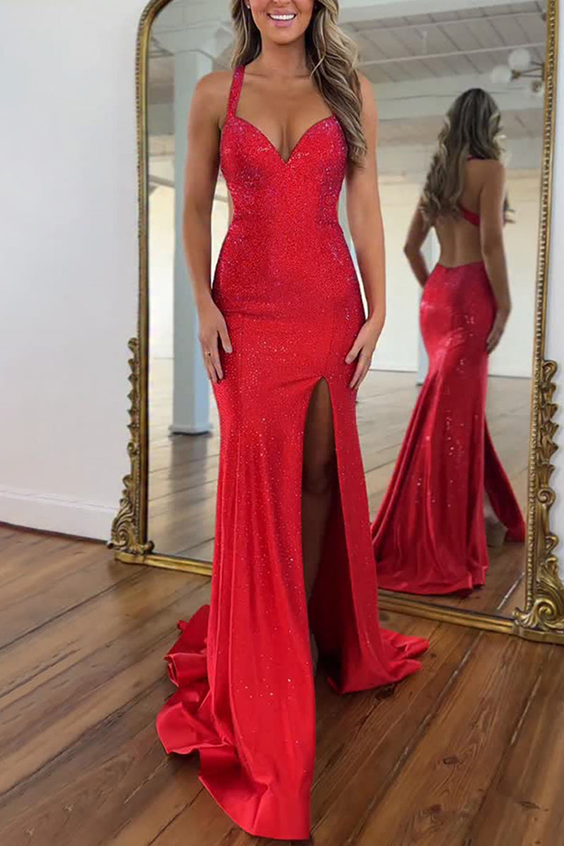 Load image into Gallery viewer, Sparkly Red Beaded Halter Mermaid Long Backless Prom Dress with Slit
