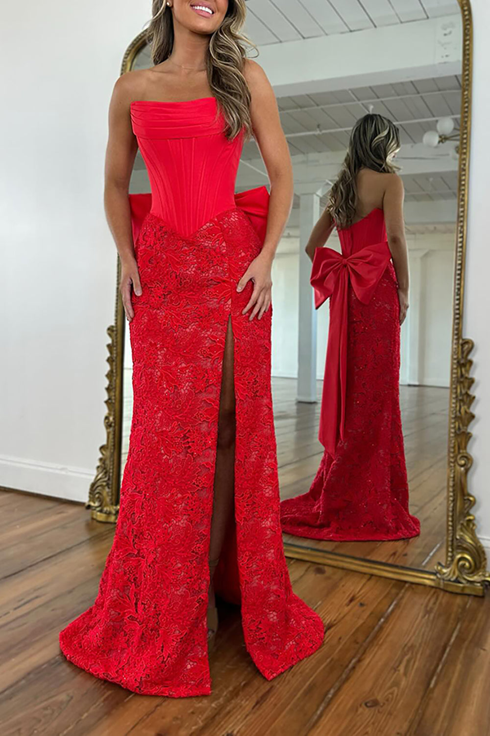 Red Lace Strapless Mermaid Corset Long Prom Dress with Bow