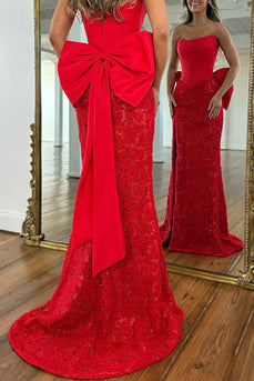 Red Lace Strapless Mermaid Corset Long Prom Dress with Bow