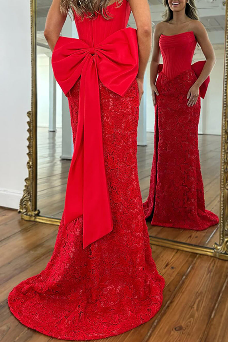Load image into Gallery viewer, Red Lace Strapless Mermaid Corset Long Prom Dress with Bow