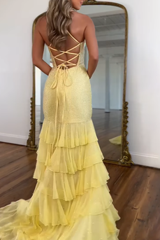Sparkly Yellow Ruffled Beaded Mermaid Long Prom Dress with Slit