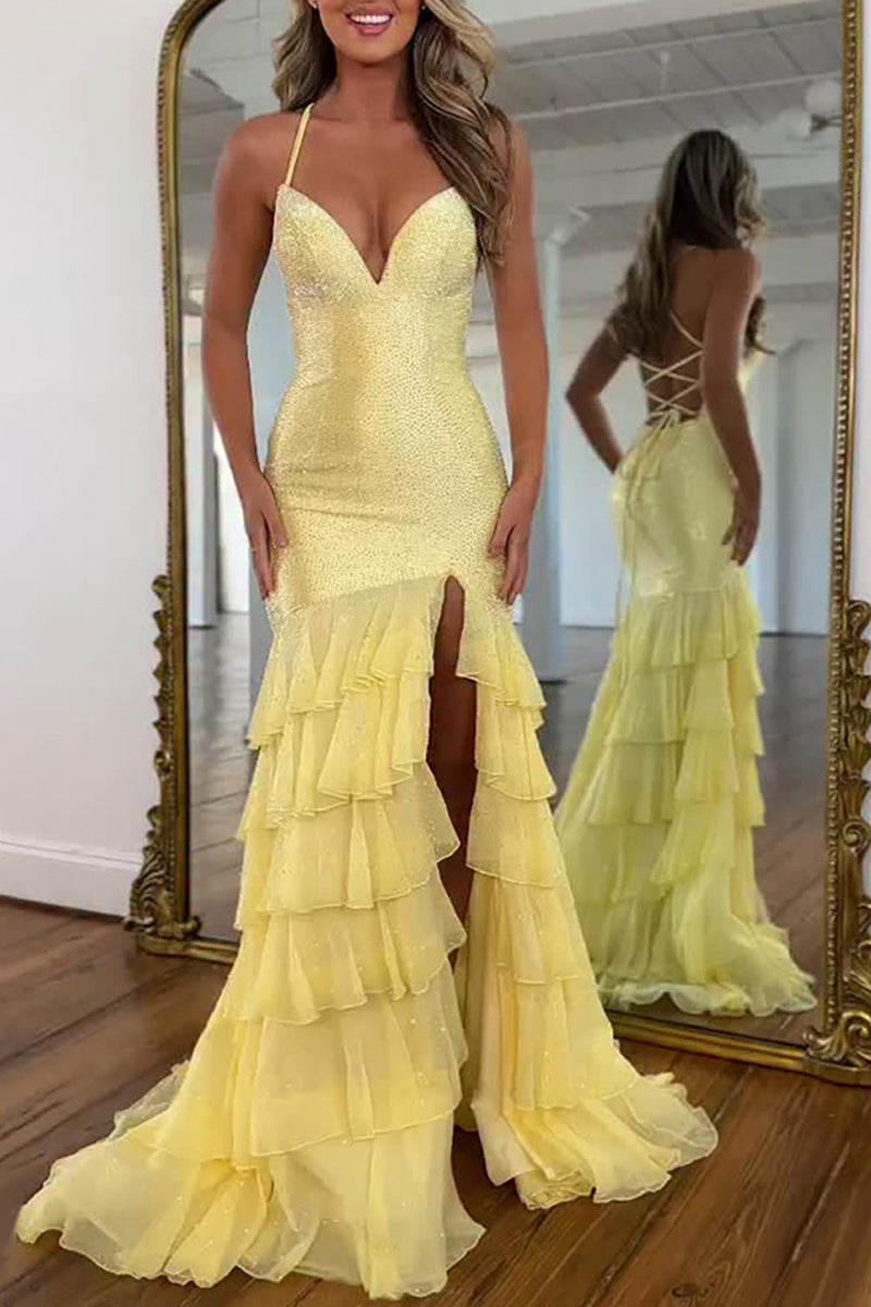 Load image into Gallery viewer, Sparkly Yellow Ruffled Beaded Mermaid Long Prom Dress with Slit