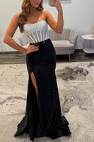 Load image into Gallery viewer, Sparkly White Black Beaded Mermaid Corset Long Prom Dress with Slit
