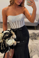 Load image into Gallery viewer, Sparkly White Black Beaded Mermaid Corset Long Prom Dress with Slit