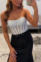 Load image into Gallery viewer, Sparkly White Black Beaded Mermaid Corset Long Prom Dress with Slit