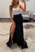 Load image into Gallery viewer, Sparkly White Black Beaded Mermaid Corset Long Prom Dress with Slit