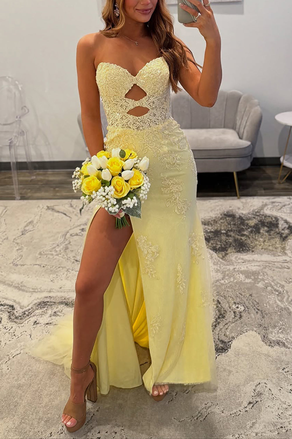 Yellow Lace Sweetheart Cut Out Mermaid Long Prom Dress with Slit