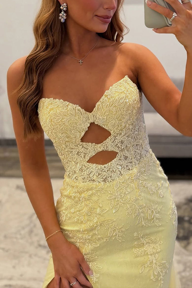 Load image into Gallery viewer, Yellow Lace Sweetheart Cut Out Mermaid Long Prom Dress with Slit