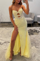 Load image into Gallery viewer, Yellow Lace Sweetheart Cut Out Mermaid Long Prom Dress with Slit