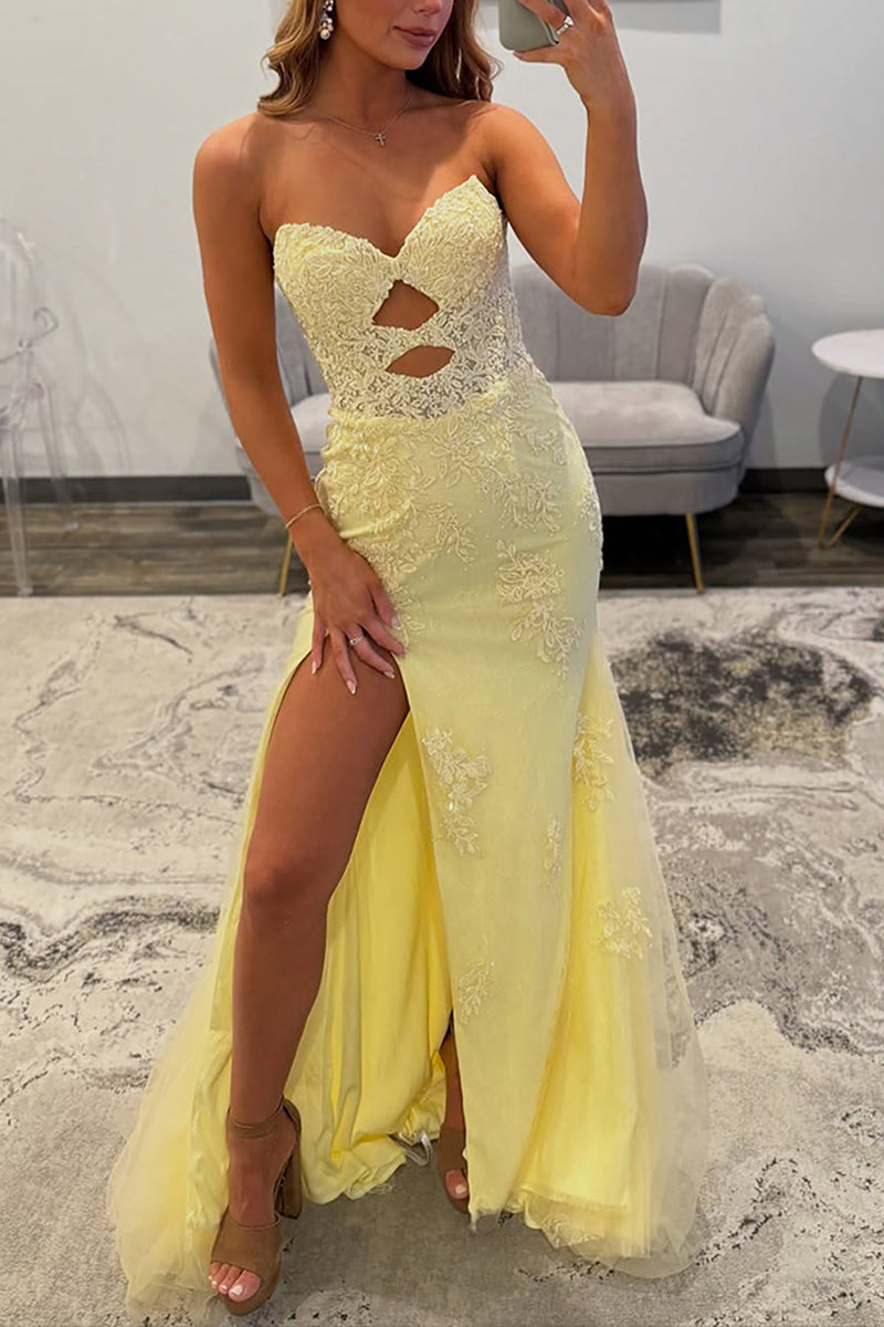 Load image into Gallery viewer, Yellow Lace Sweetheart Cut Out Mermaid Long Prom Dress with Slit