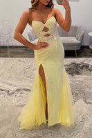 Load image into Gallery viewer, Yellow Lace Sweetheart Cut Out Mermaid Long Prom Dress with Slit