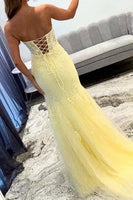 Load image into Gallery viewer, Yellow Lace Sweetheart Cut Out Mermaid Long Prom Dress with Slit