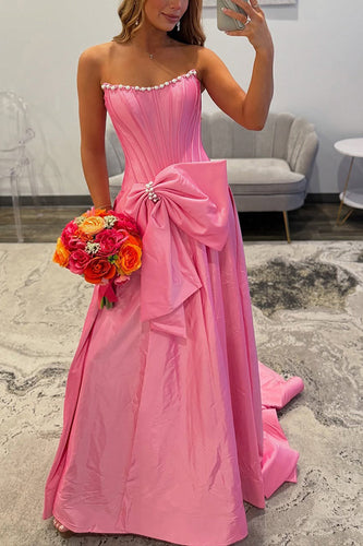 Sparkly Pink Beaded Strapless Corset Long Prom Dress with Bow