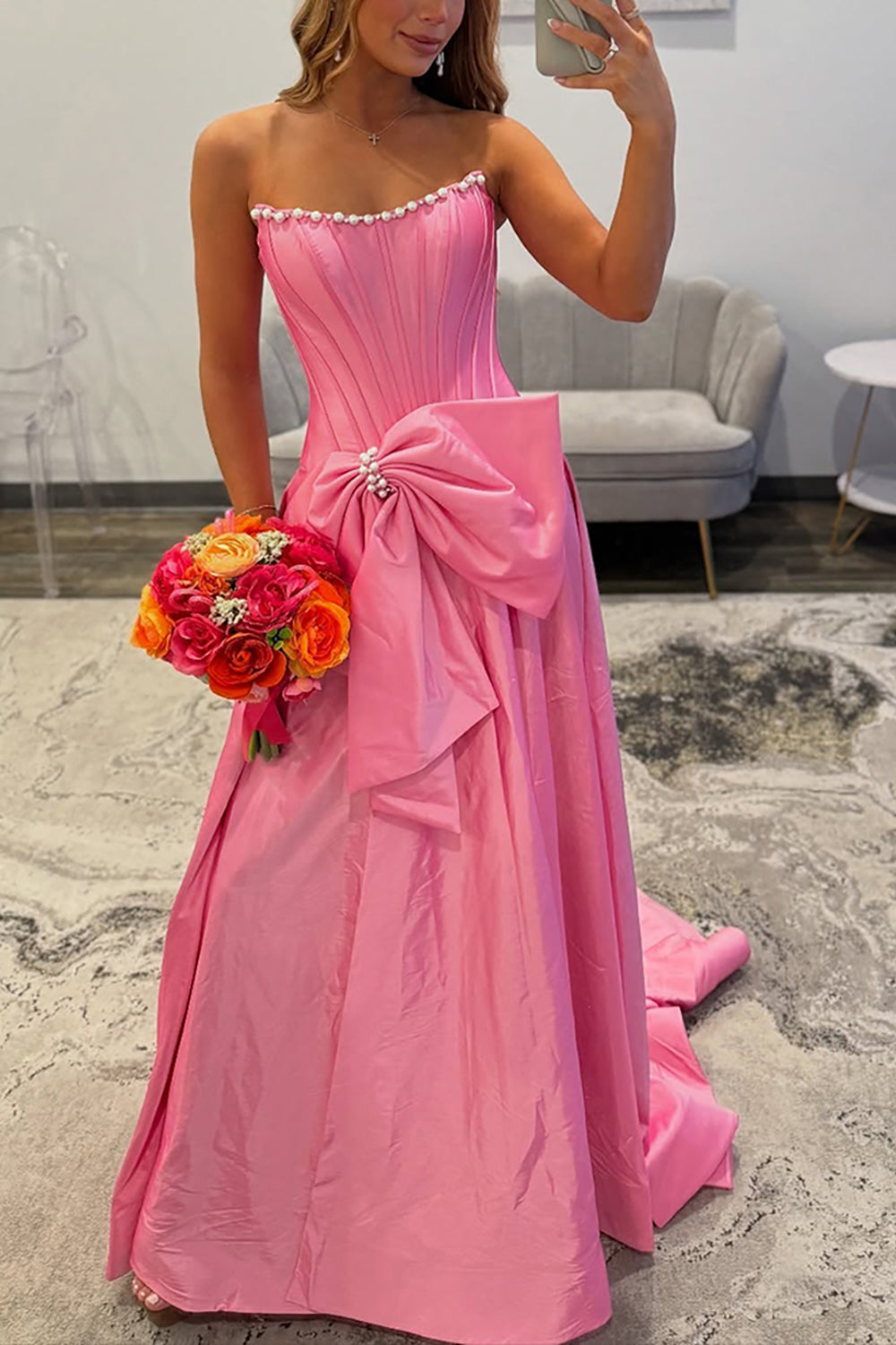 Sparkly Pink Beaded Strapless Corset Long Prom Dress with Bow