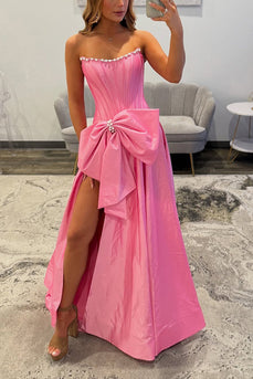 Sparkly Pink Beaded Strapless Corset Long Prom Dress with Bow