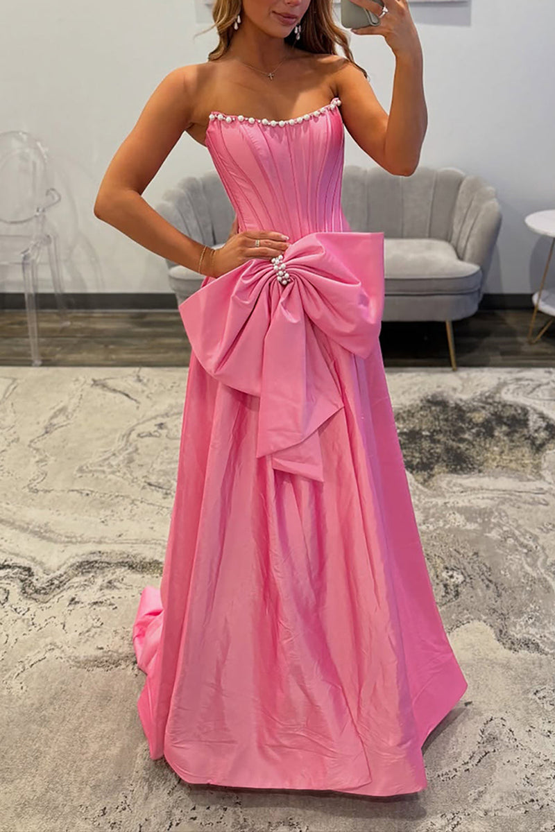 Load image into Gallery viewer, Sparkly Pink Beaded Strapless Corset Long Prom Dress with Bow