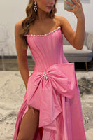Load image into Gallery viewer, Sparkly Pink Beaded Strapless Corset Long Prom Dress with Bow