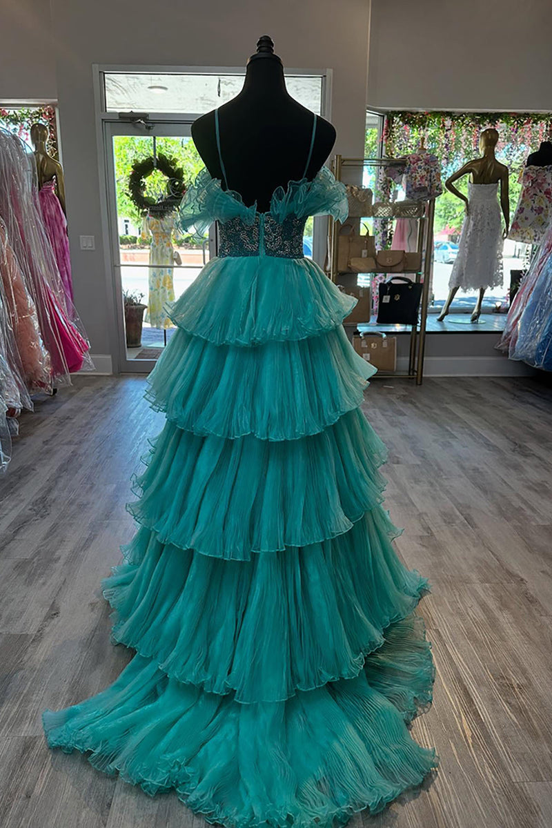 Load image into Gallery viewer, Sparkly Peacock Green Beaded Tiered Long Prom Dress with Ruffles