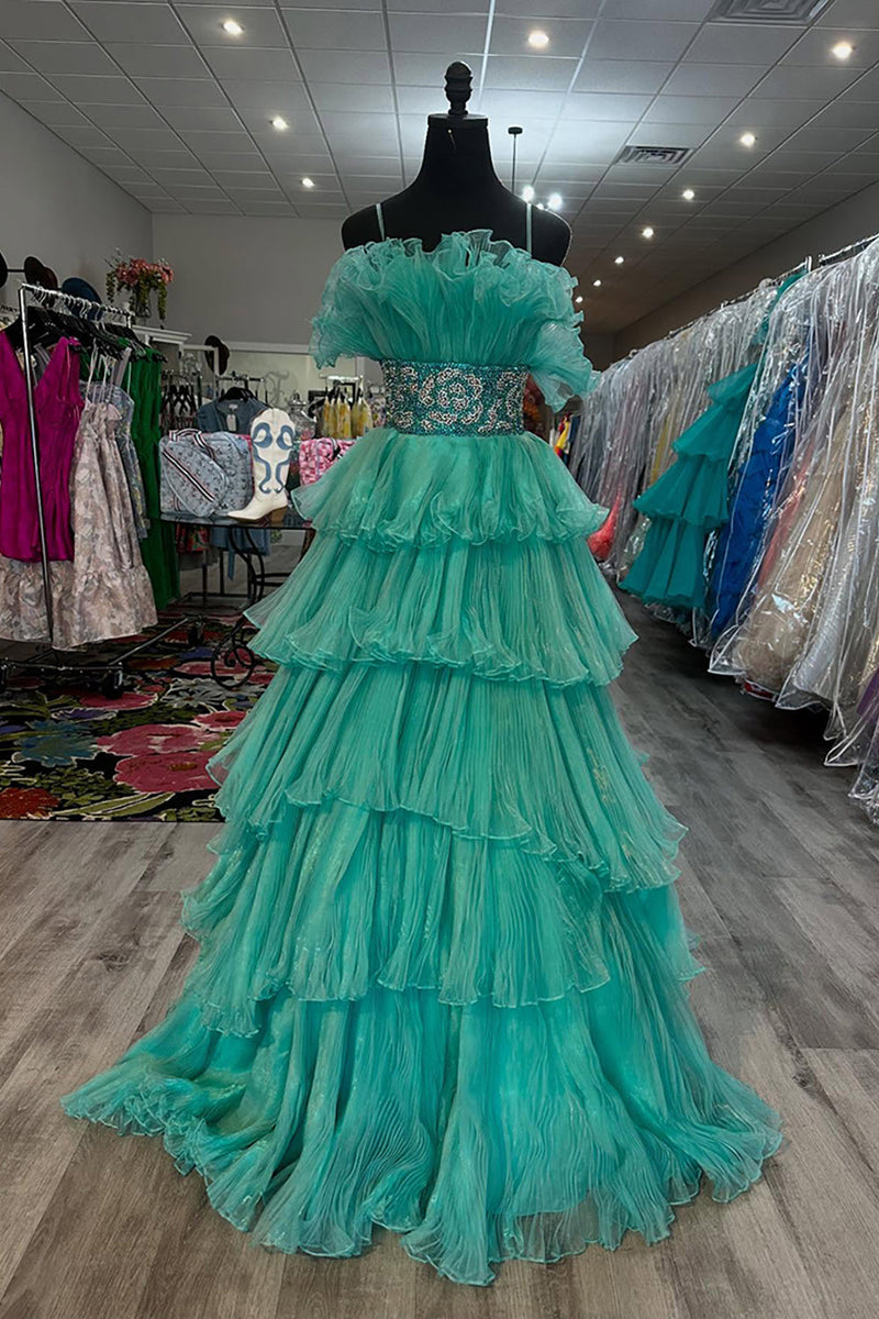 Load image into Gallery viewer, Sparkly Peacock Green Beaded Tiered Long Prom Dress with Ruffles