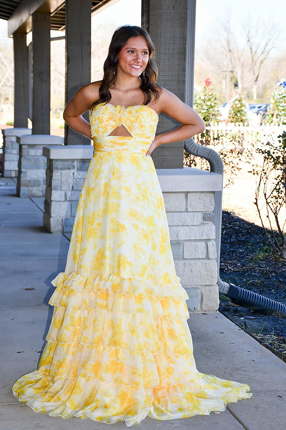 Yellow Flower Tiered Strapless A Line Long Prom Dress with Ruffles