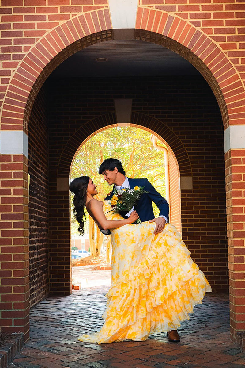 Load image into Gallery viewer, Yellow Flower Tiered Strapless A Line Long Prom Dress with Ruffles