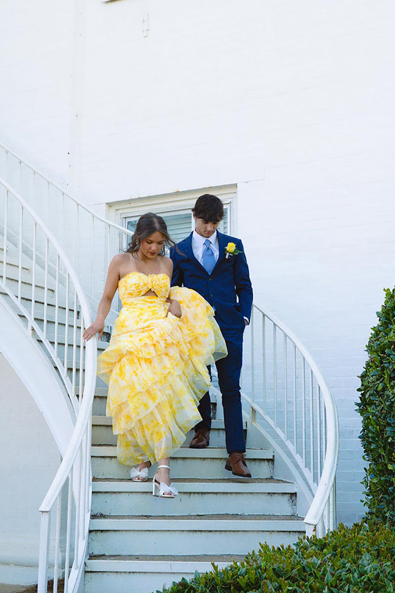 Load image into Gallery viewer, Yellow Flower Tiered Strapless A Line Long Prom Dress with Ruffles