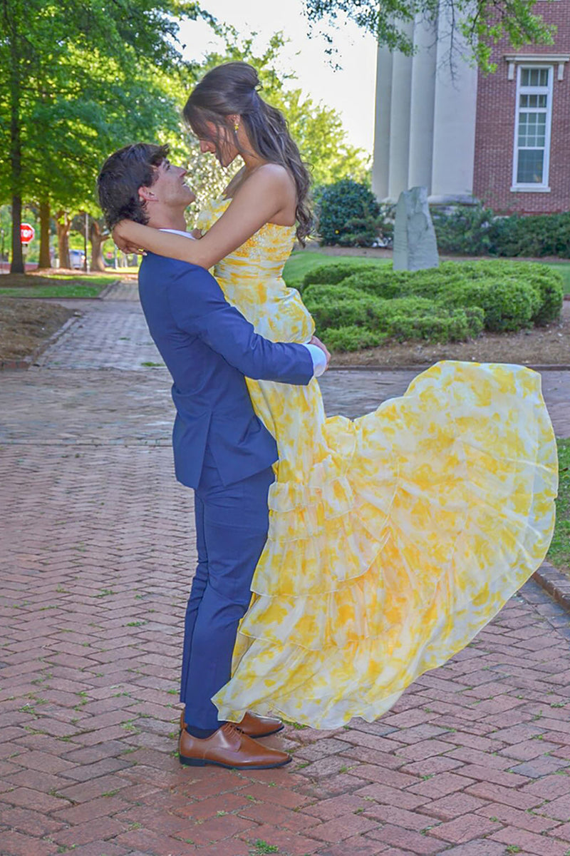 Load image into Gallery viewer, Yellow Flower Tiered Strapless A Line Long Prom Dress with Ruffles