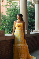 Load image into Gallery viewer, Yellow Flower Tiered Strapless A Line Long Prom Dress with Ruffles