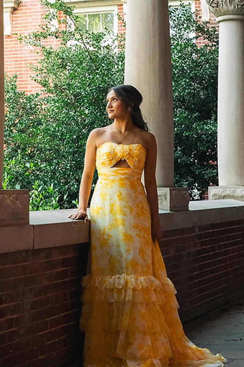 Load image into Gallery viewer, Yellow Flower Tiered Strapless A Line Long Prom Dress with Ruffles
