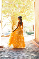 Load image into Gallery viewer, Yellow Flower Tiered Strapless A Line Long Prom Dress with Ruffles
