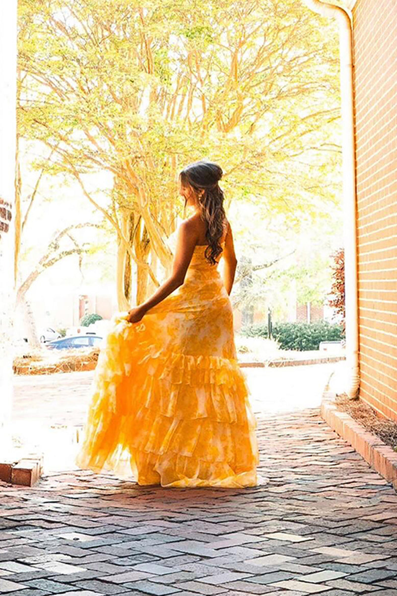 Load image into Gallery viewer, Yellow Flower Tiered Strapless A Line Long Prom Dress with Ruffles