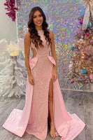 Load image into Gallery viewer, Sparkly Blush Maxi Mermaid Prom Dress with Cape