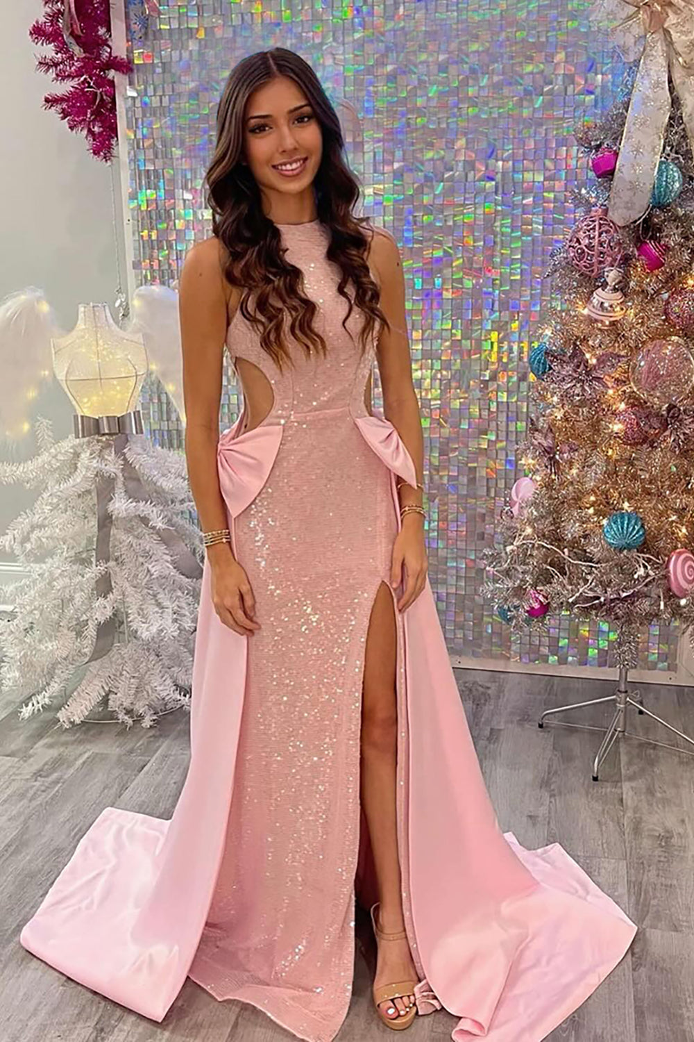 Sparkly Blush Maxi Mermaid Prom Dress with Cape