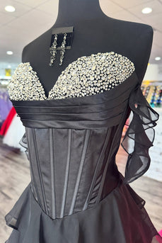 Sparkly Black Ruffled Corset Long Prom Dress with Beading