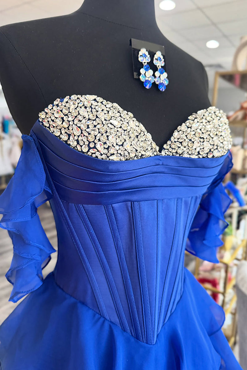 Load image into Gallery viewer, Sparkly Black Ruffled Corset Long Prom Dress with Beading