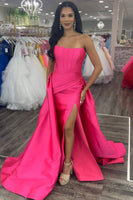 Load image into Gallery viewer, Fuchsia Satin Strapless Mermaid Long Corset Prom Dress with Cape