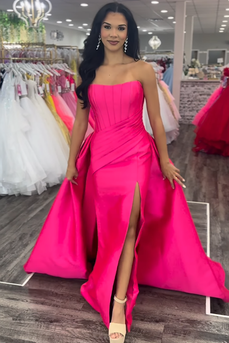 Fuchsia Satin Strapless Mermaid Long Corset Prom Dress with Cape