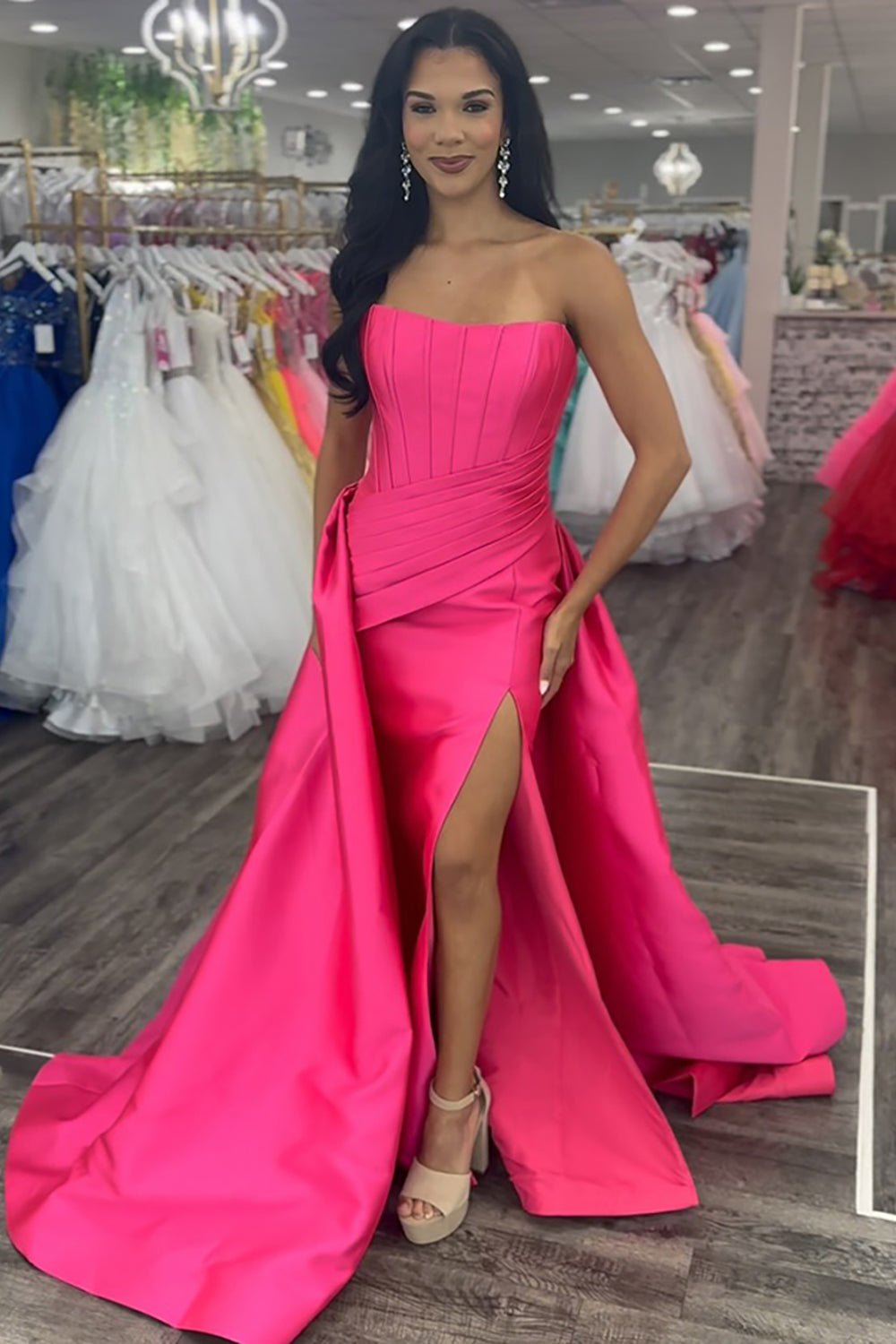 Fuchsia Satin Strapless Mermaid Long Corset Prom Dress with Cape