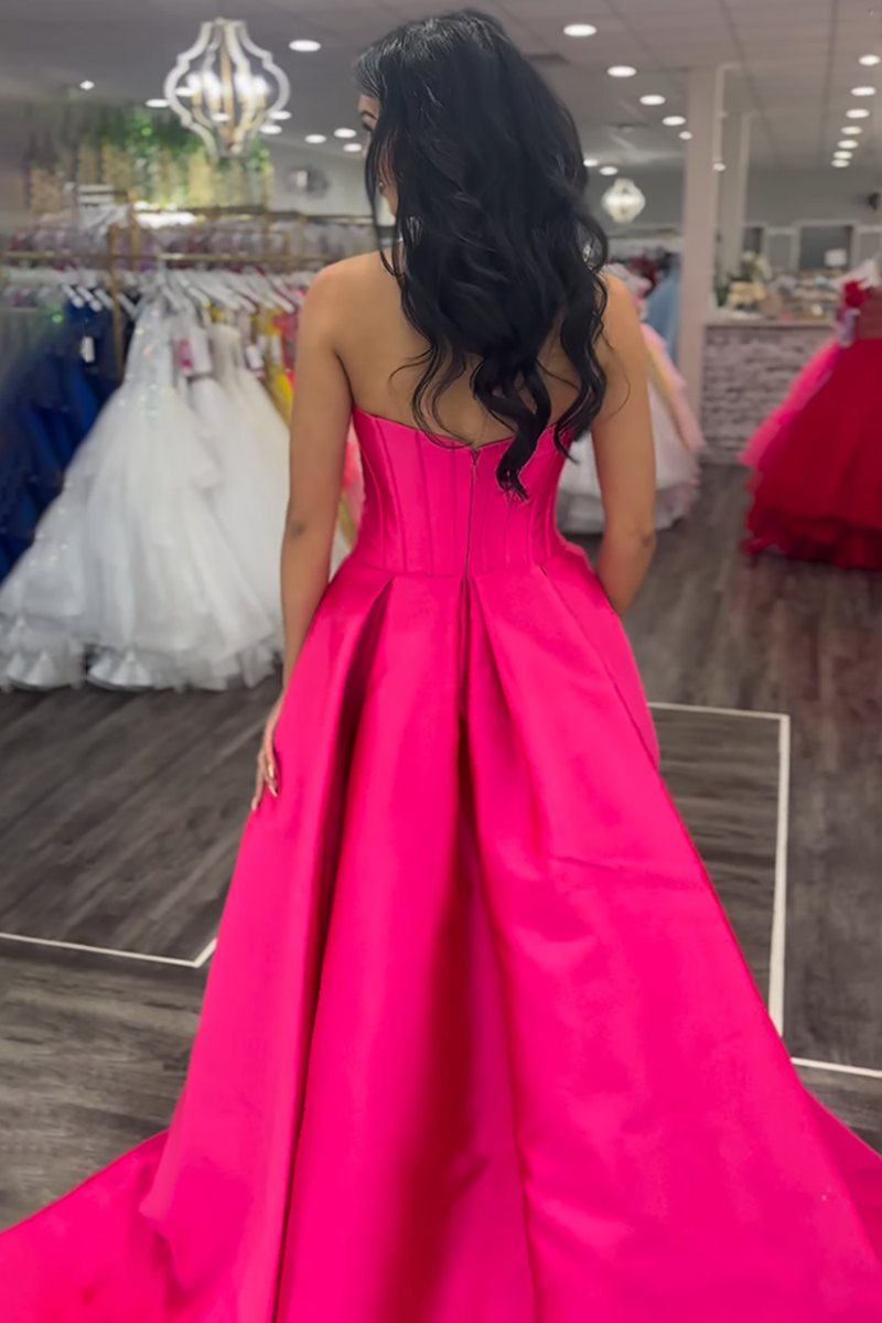 Load image into Gallery viewer, Fuchsia Satin Strapless Mermaid Long Corset Prom Dress with Cape